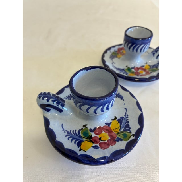 Spanish Pair of Vintage Alcobaça Portuguese Pottery Candle Holders For Sale - Image 3 of 9