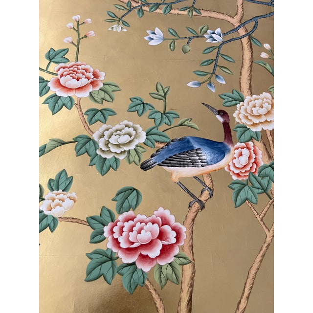 Chinoiserie Gold Leaf Chinoiserie Hand-Painted Bird & Floral Wall Panels (Set of 2) For Sale - Image 3 of 6