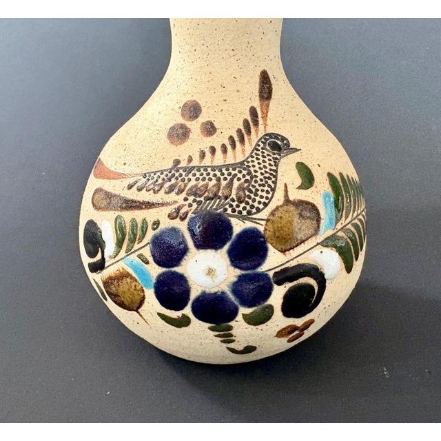 Folk Art Vintage Tonala Mexico Vase – Hand-Painted Blue & Brown Floral Bird Design – Signed Rs Mexico – Folk Art Pottery For Sale - Image 3 of 6