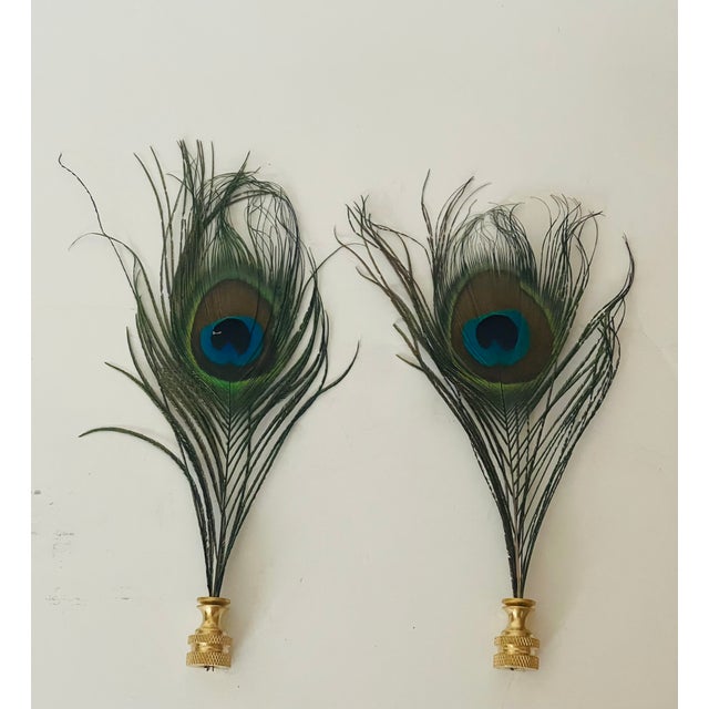 Shabby Chic 1970s Fab Peacock Feathers Pair of Lamp Finials For Sale - Image 3 of 5