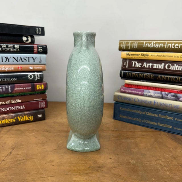 Celedon Green Crackle Glazed Ceramic Vase with Small Handles For Sale - Image 4 of 9