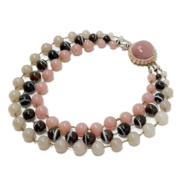 Metal Vintage French Pink and Brown Glass Bead Statement Necklace, 1950s For Sale - Image 7 of 12
