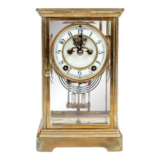 Antique Four-Glass Brass Crystal Regulator Mantel Clock For Sale