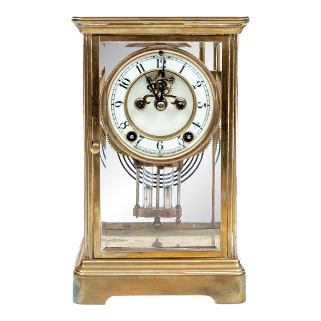 Antique Four-Glass Brass Crystal Regulator Mantel Clock For Sale