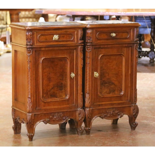 Decorate a bedroom with this elegant pair of antique nightstands. Crafted in France circa 1890, each cabinet is built of...
