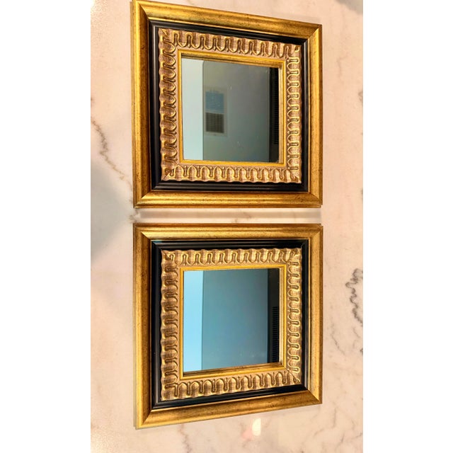 1970s Pair of Vintage 11” X 11” Giltwood Accent Wall Mirrors With Carved Geometric Frames For Sale - Image 5 of 9
