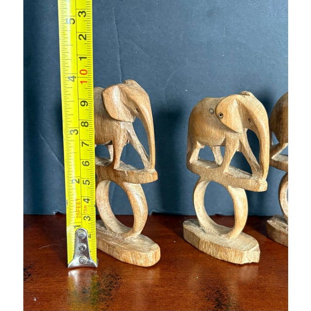 Wood Late 20th Century Hand Carved Wood Elephant Safari Napkin Rings—Boho Kitchen Made in Africa- Set of Six For Sale - Image 7 of 9