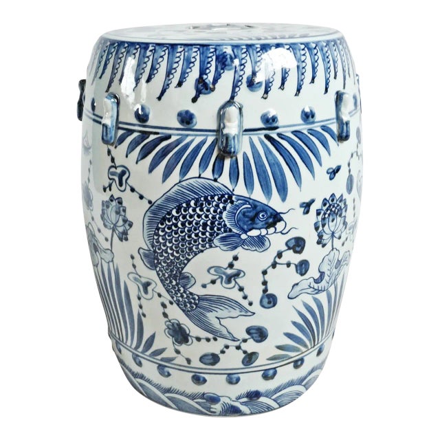 Indigo Blue Fish Floral Ceramic Stool For Sale
