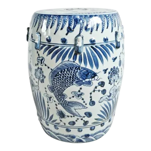 Indigo Blue Fish Floral Ceramic Stool