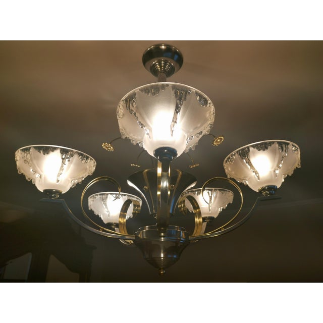 French Art Deco Chandelier in Chrome, Brass and Frosted Glass, 1930s For Sale - Image 10 of 11