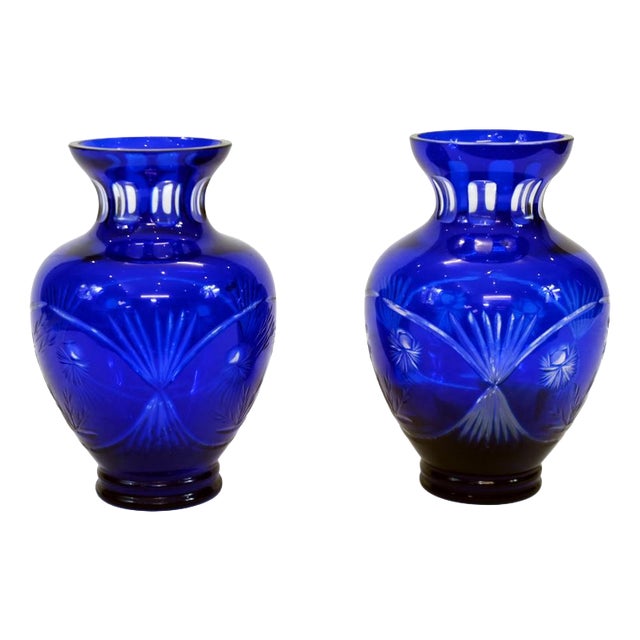 Art Deco Cobalt Blue Cut Glass Vases, Set of 2 For Sale