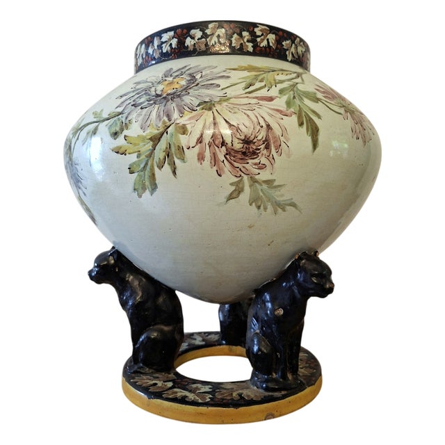 Large 20th Century Polychrome Earthenware Cachepot with Floral Decoration Resting on Three Panthers, 1920s For Sale