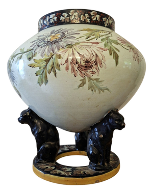 Large 20th Century Polychrome Earthenware Cachepot with Floral Decoration Resting on Three Panthers, 1920s