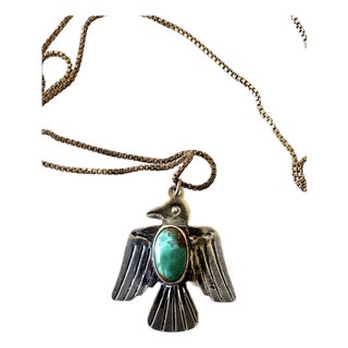 Vintage Native American Thunderbird Turquoise Sterling Silver Pendant Necklace For Sale
