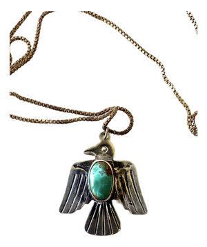 Vintage Native American Thunderbird Turquoise Sterling Silver Pendant Necklace