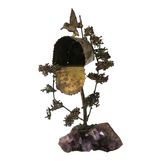 Hummingbird Brass Amethyst Sculpture After Artist Silas Seandel, Circa Mid-20th Century For Sale