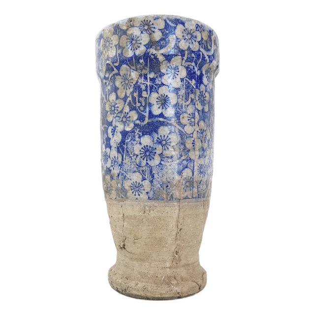 Terracotta Ceramic Vase with Blue and White Flowers For Sale