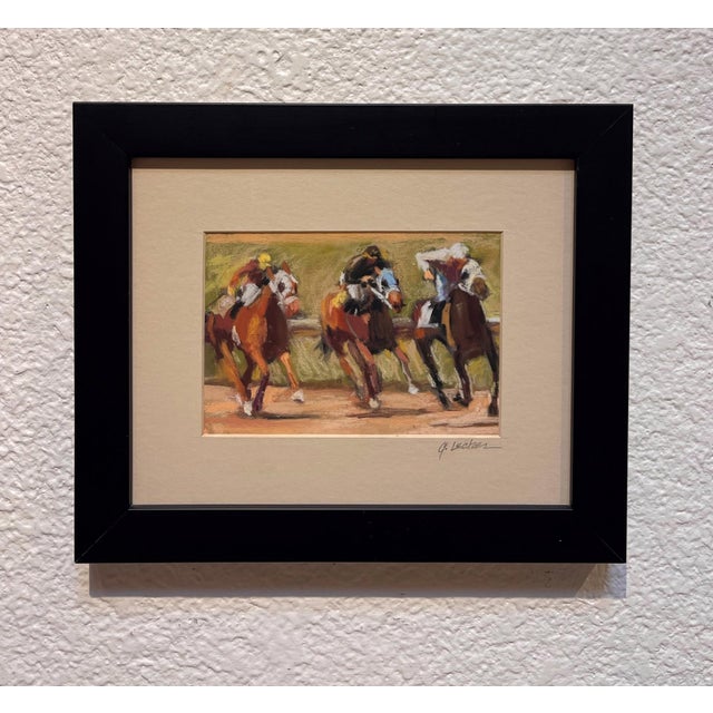This pastel artwork captures the dynamic energy of a horse race, with riders and horses in full stride as they approach...