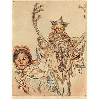 Loren Holmwood, Sámi with Reindeer Höstflytning, 1930s, Etching For Sale