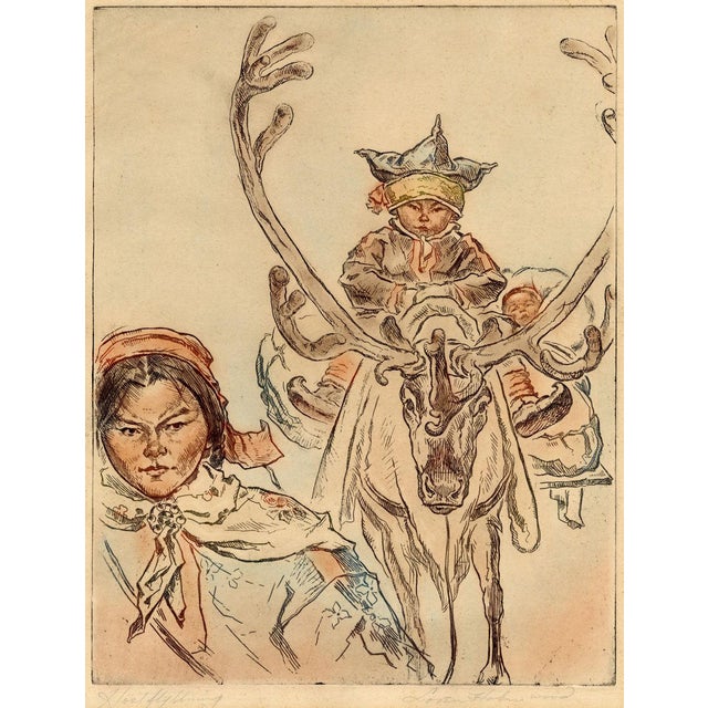 Loren Holmwood, Sámi with Reindeer Höstflytning, 1930s, Etching For Sale