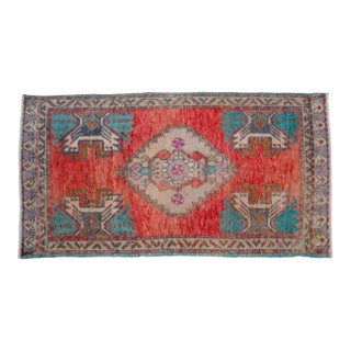 Small Vintage Turkish Oushak Rug 2x3 Hand Knotted Wool Red Teal Entryway Mat Handmade Doormat For Sale