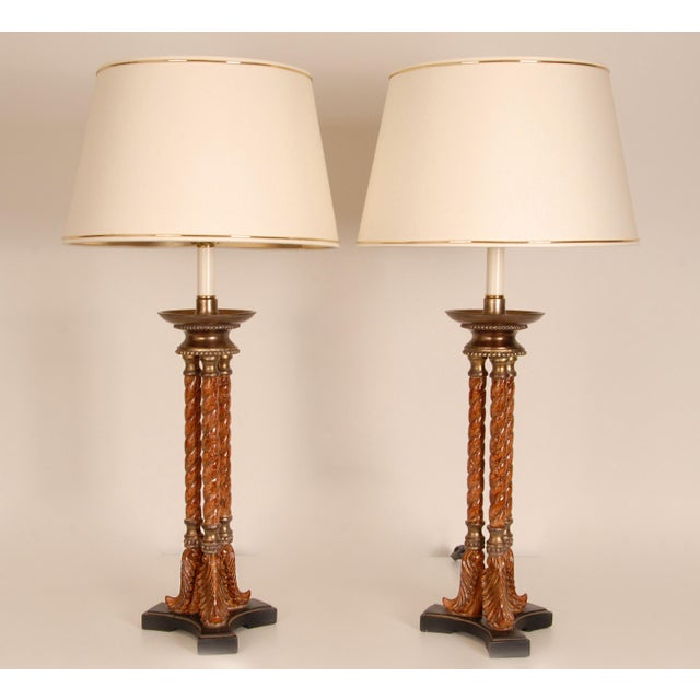 Vintage Italian Lamps Neoclassical Column Lamps Turned Burl Wood Table Lamps - A Pair For Sale - Image 9 of 9