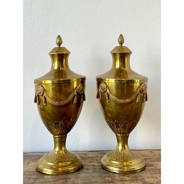 Vintage Swag Brass Lidded Urns - A Pair For Sale - Image 9 of 12