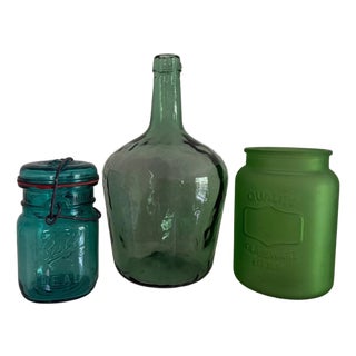 Three Vintage Green Glass Containers - Jars and Handblown Bottle For Sale