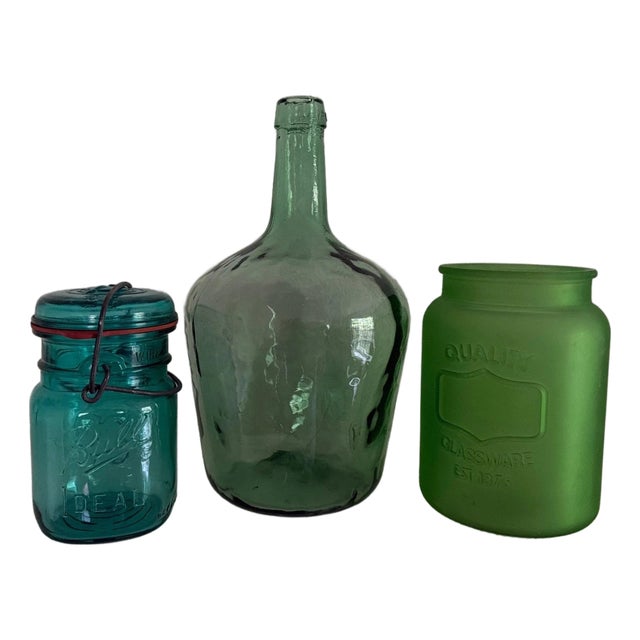 Three Vintage Green Glass Containers - Jars and Handblown Bottle For Sale