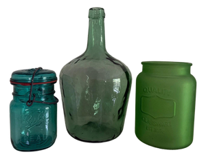 Three Vintage Green Glass Containers - Jars and Handblown Bottle