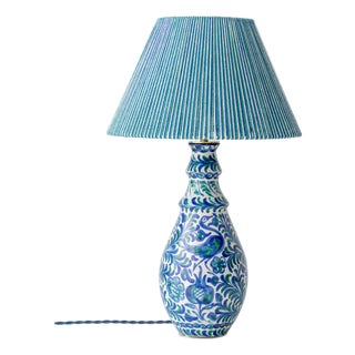 Spanish Fajalauza Ceramic Table Lamp with Hand-Woven Lampshade For Sale