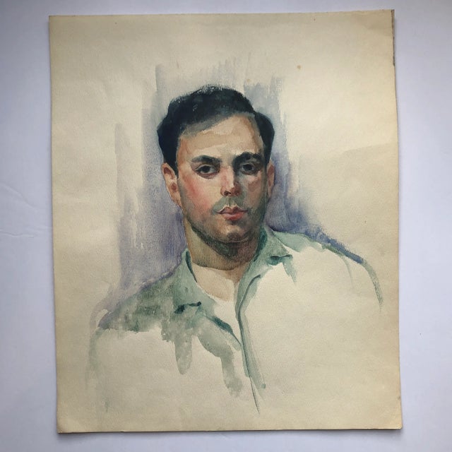 1980s Original Vintage Male Watercolor Portrait Painting 1980’s For Sale - Image 5 of 5