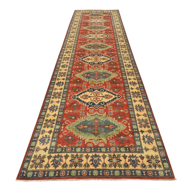 Kazak Runner 5’1” X 16’1” Red Wool Tribal Hand-Knotted Oriental Rug For Sale