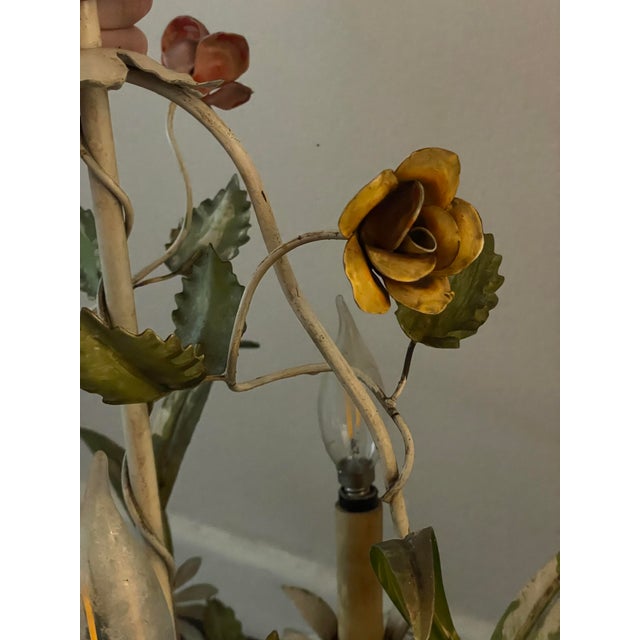 Vintage Italian Tole Floral 3-Light Chandelier || Roses & Daisies || Late 1950s Mid-Century Modern Farmhouse For Sale - Image 4 of 4