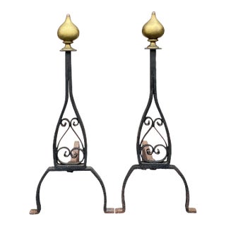 Antique Wrought Iron Wine Bottle Shaped Andirons With Brass Finials - a Pair For Sale