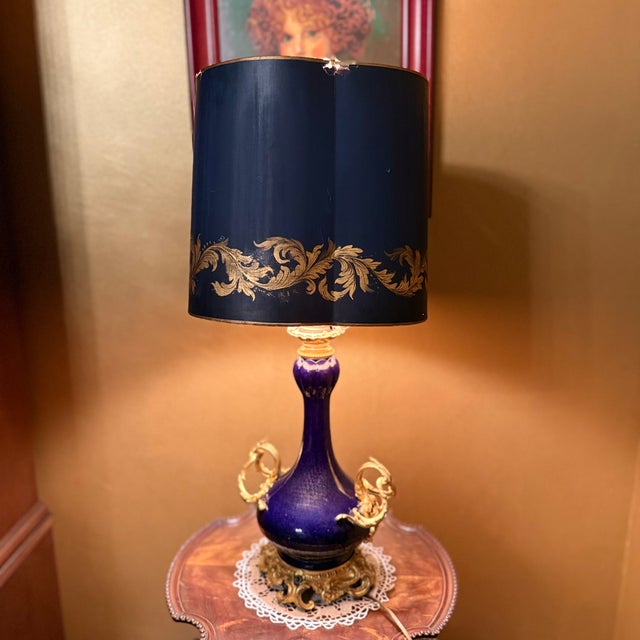 Blue Vintage Italian Cobalt Blue Porcelain Gilt Brass Table Lamps - Pair For Sale - Image 8 of 14