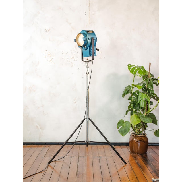 Blue Fresnel Theater Spotlight Floor Lamp on Matching Steel Tripod from A.E. Cremer, Paris, 1950s For Sale - Image 14 of 18