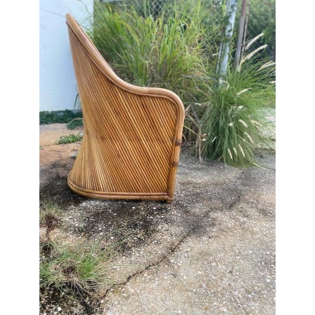 Camel Stunning Split Reed + Rattan Barrel Club or Lounge Chair | Hollywood Regency to Mid Century Modern in a Gabriela Crespi For Sale - Image 8 of 11
