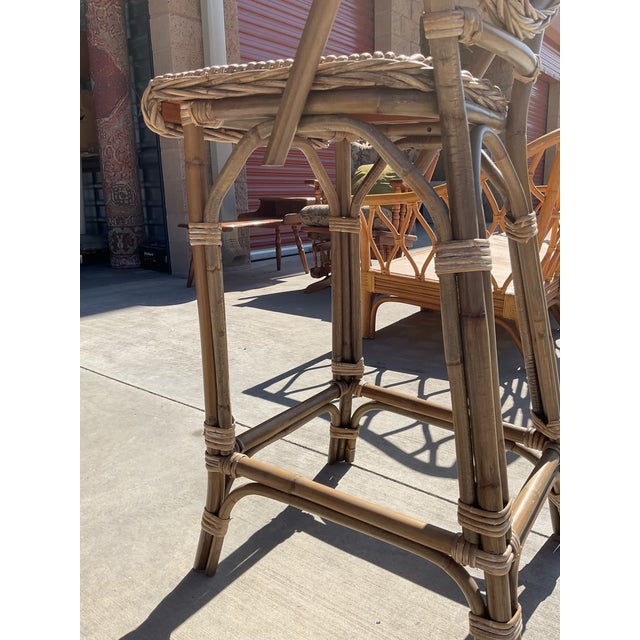 Pair of Vintage French Bistro Bar Stools With Oval Medallion Backs in Honey Woven Rattan For Sale - Image 10 of 12