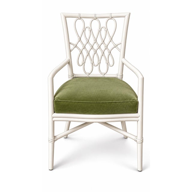 Modern McGuire Furniture White “Script” Dining Chairs by Barbara Barry, Set of 8, Upholstered in Green Schumacher Performance Velvet For Sale - Image 3 of 6