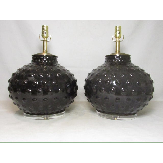 Pair of Mid-century modern Scandinavian porcelain bubble lamps, c.1970’s In a smoky gray color, these lamps have an...