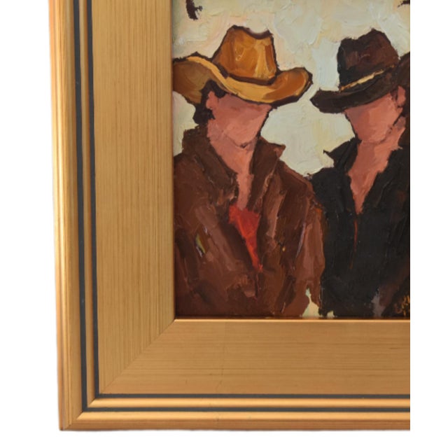 Impressionist oil painting on an artist's hardboard panel of two western cowboys with hats displayed in a complementary...