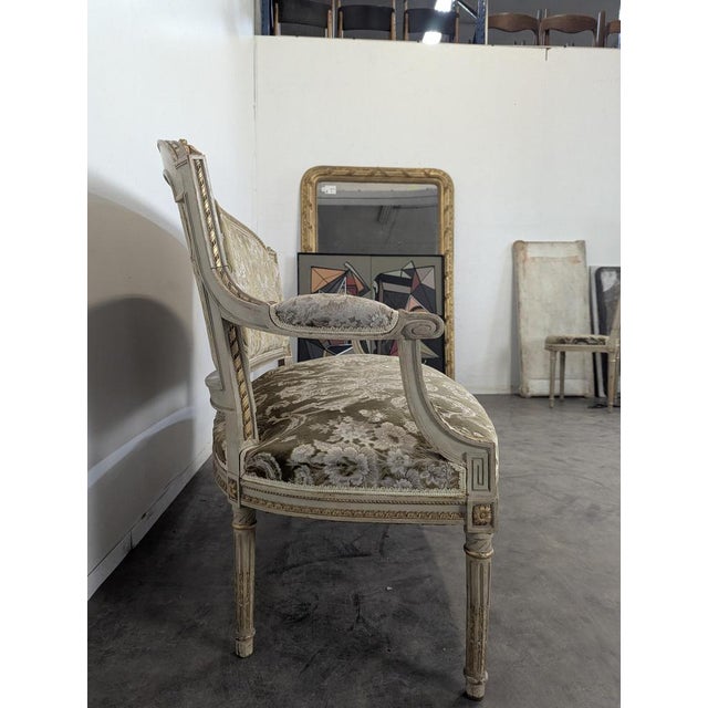 Louis XVI Style Cream Lacquered and Upholstered Cabriolet Salon Set with Gilded Highlights, Set of 6 For Sale - Image 6 of 18