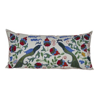 Uzbek Suzani Pillow Cover, Bird Embroidery Decor For Sale