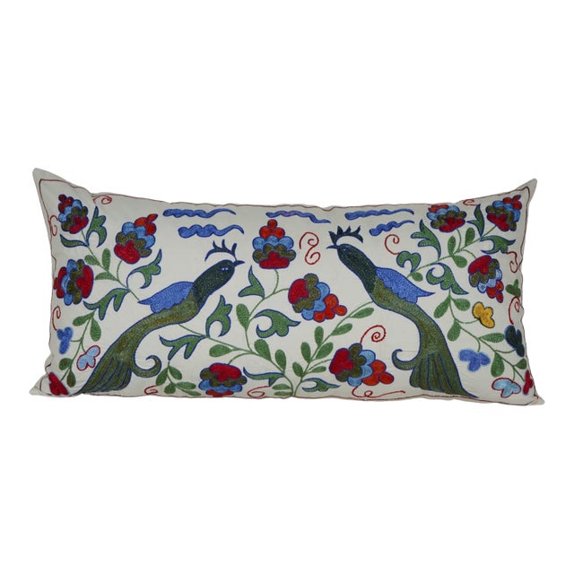 Uzbek Suzani Pillow Cover, Bird Embroidery Decor For Sale