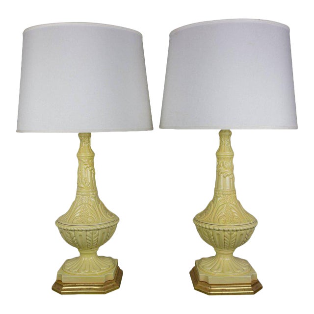 Pair of Spanish Yellow Ceramic Lamps With Gilt Bases For Sale