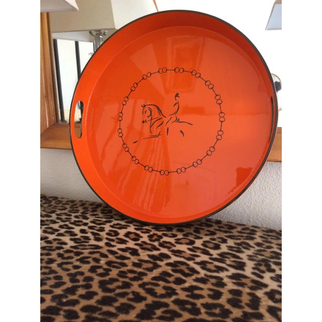 Paint Equestrian Motif Hermes Style Orange Lacquered Serving Bar Tray For Sale - Image 7 of 11