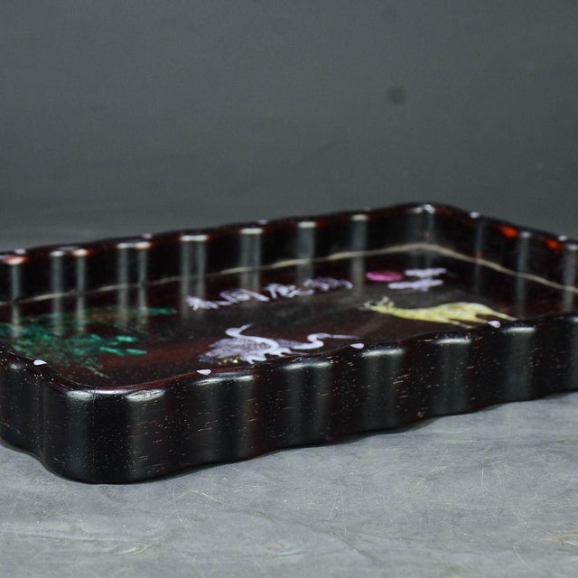 Wood Scalloped Wooden Tray With Mother-of-Pearl Deer and Crane Inlay For Sale - Image 7 of 8