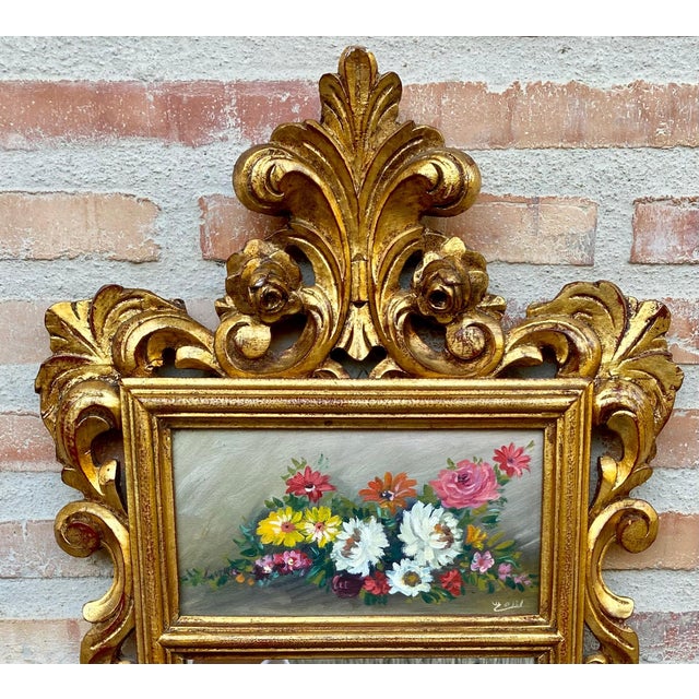 Gold French Gilt Carved Wall Mirror in French Rococo Style with Oil Painting of Flora For Sale - Image 8 of 18