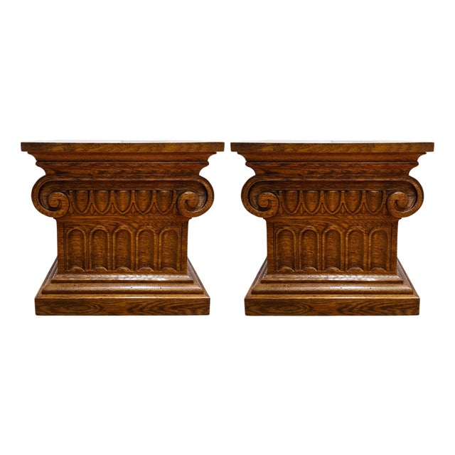 1960 Vintage Drexel Guildhall Neoclassical Oak Pedestal End Tables - A Pair For Sale